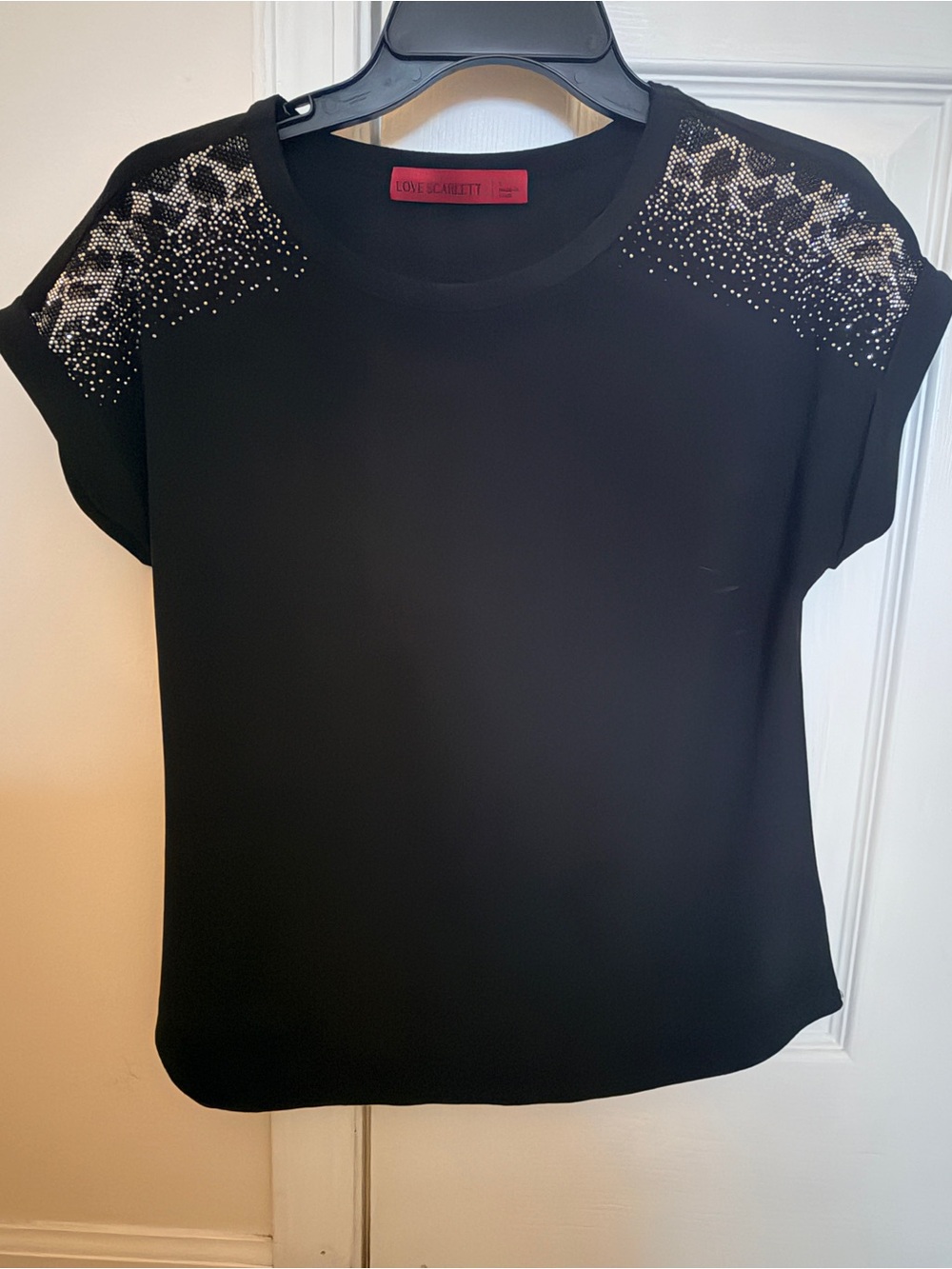 Scarlett Black Short Sleeve Top with Silver Shoulder Embellish